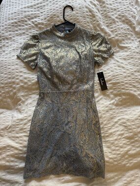 Lulu's Silver and Blue Metallic Brocade Open Back Mini Dress